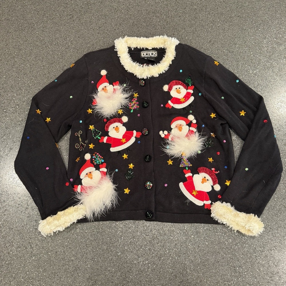 VTG Berek By Takako Sakon All over Santa Sweater Medium Feathers‎ Grandma
